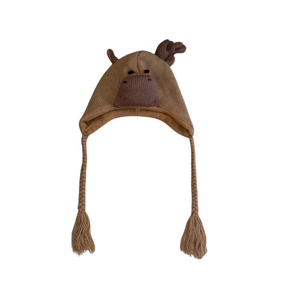 Moose Face Beanie Cap Fall Hat in Brown Holiday Winter Hat